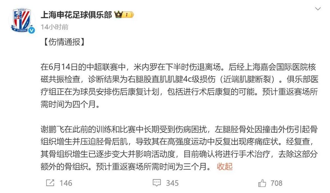 申花考虑夏窗引进外援前锋，米内罗已基本赛季报销的简单介绍